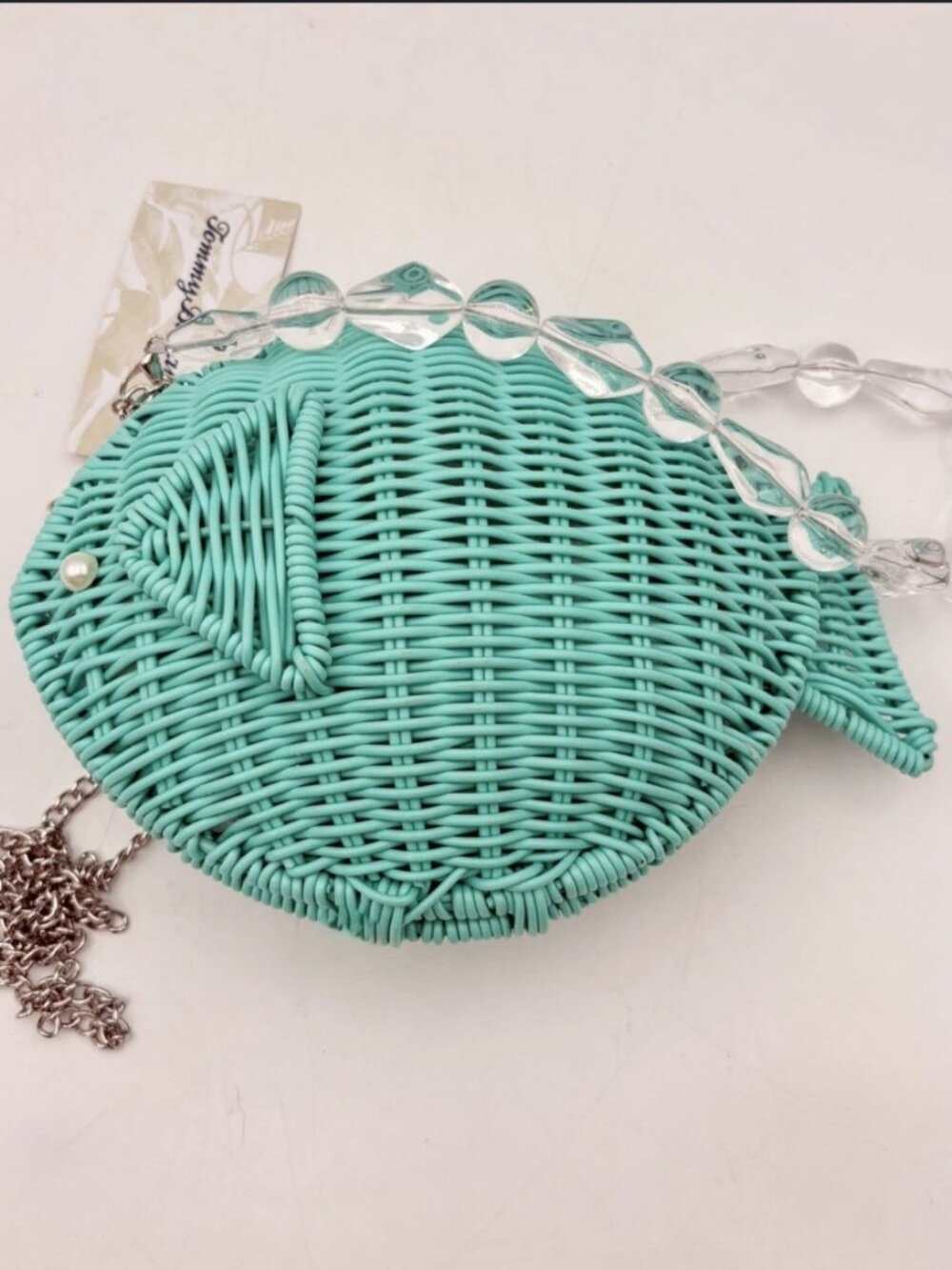 Tommy Bahama Teal Fish Wicker Crossbody Bag Novelty Beach Purse Silver Strap NEW
